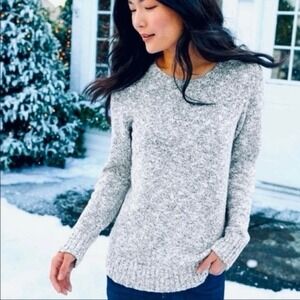 LL Bean Ivory Blue Marled‎ Cotton Ragg Crew Neck Pullover Sweater SMALL PETITE